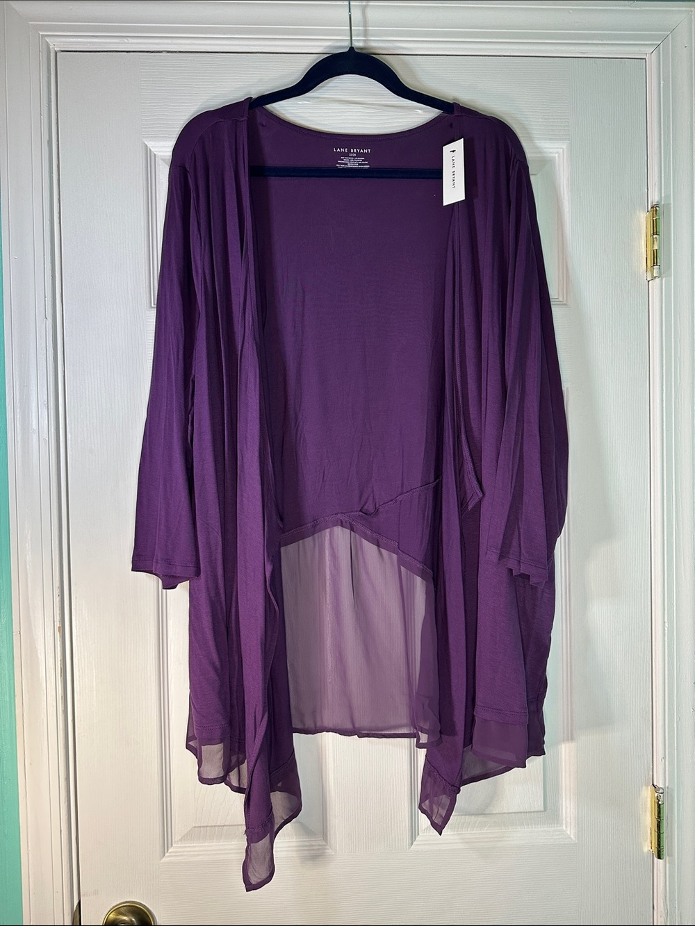 Lane Bryant Deep Purple Sheer-Back Draped Open Cardigan